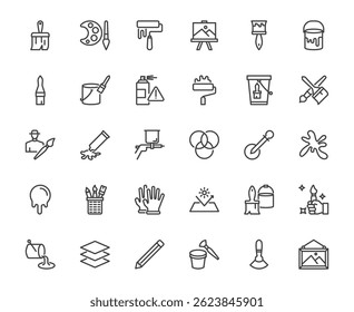 A collection of 30 clean and minimal line icons related to painting, drawing, and art tools. This set includes paint brushes, rollers, palettes, color buckets, spray cans, editable stroke 48x48 pixel