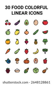 Collection of 30 colorful linear food icons including fruits, vegetables, meat, fish, grains, and dairy. Perfect for healthy eating, diet, nutrition, organic food, apps, and infographics.