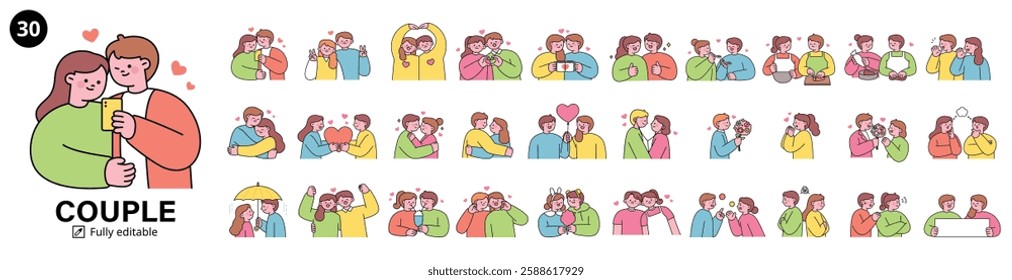 A collection of 30 couple illustrations in a cute, hand-drawn style. Romantic and friendly interactions, including hugging, taking selfies, giving gifts, and cooking together. 
