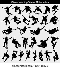 Collection of 30 different skateboarder vector silhouettes