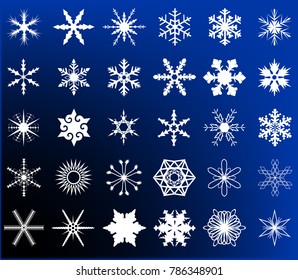 A collection of 30 different snowflakes on a removable blue background.