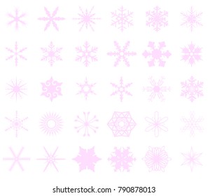 A collection of 30 different snowflakes set on a white background.