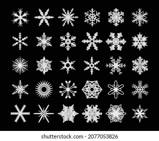 A collection of 30 different snowflakes in silver ice isolated on a black background