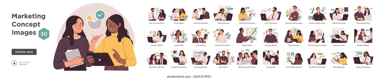 Collection of 30 editable flat outline illustrations for marketing concepts like teamwork, content creation, business planning, and communication.