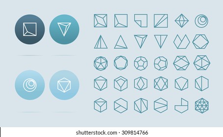 Colección de 30 formas geométricas. Hexagons, Triángulos, Cuadrados, Círculos, Elementos de diseño de línea cristales.Icono de hipster de moda, logotipo, logotipos. Ilustración vectorial. Aislado 