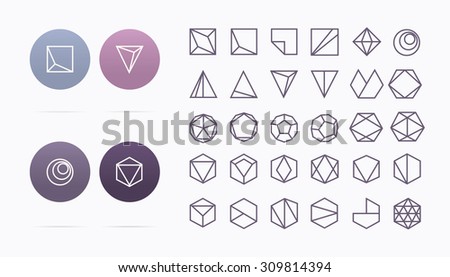 Collection of 30 geometric shapes. Hexagons, Triangles, Squares,Circles, Crystals Line design elements.Trendy hipster icon,logo, logotypes. Vector illustration. Isolated 