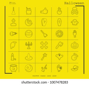 Collection of 30 halloween icons. Vector illustration in thin line style