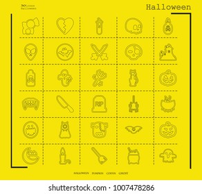 Collection of 30 halloween icons. Vector illustration in thin line style