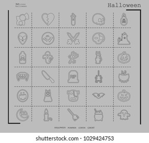 Collection of 30 halloween icons. Vector illustration in thin line style