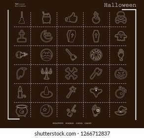 Collection of 30 halloween icons. Vector illustration in thin line style