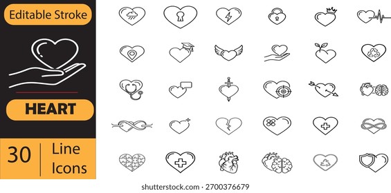 Coleção de 30 ícones de coração de arte desenhada à mão representando o amor e os relacionamentos em várias formas