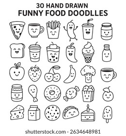 A collection of 30 hand-drawn doodles featuring various foods with smiling faces, including pizza, fries, drinks, fruits, vegetables, and desserts. The style is playful and cartoonish.