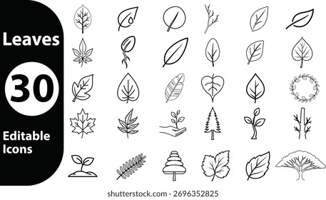 Coleção de 30 ícones de folha editáveis desenhados à mão em um estilo simples de esboço preto e branco, perfeito para projetos de natureza ou design.
