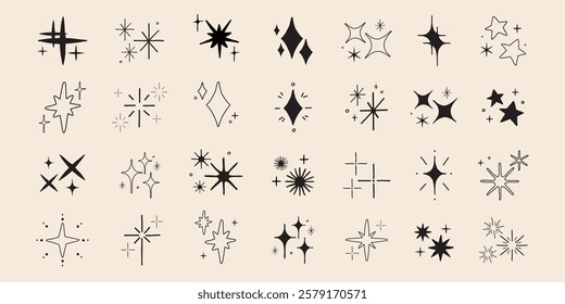 A collection of 30 hand-drawn star and sparkle icons in various shapes and sizes, featuring simple, minimalist designs. Perfect for creative projects and designs. Element vector set.