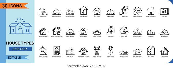 Collection of 30 house type and real estate icons in a clean line art style on a white background