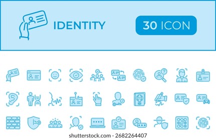 Uma coleção de 30 ícones que representam verificação de identidade, segurança e gerenciamento de dados pessoais, isolados em um fundo transparente.