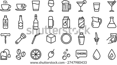A collection of 30 line art design vector silhouettes featuring various drinks and beverages, including coffee, tea, beer, wine, cocktails, and more, in a bundle of icons for use in design projects