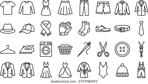 A collection of 30 line art illustrations depicting various clothing items, laundry symbols, and accessories in a simple, modern vector design.