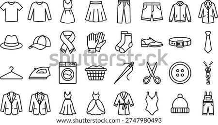 A collection of 30 line art illustrations depicting various clothing items, laundry symbols, and accessories in a simple, modern vector design.