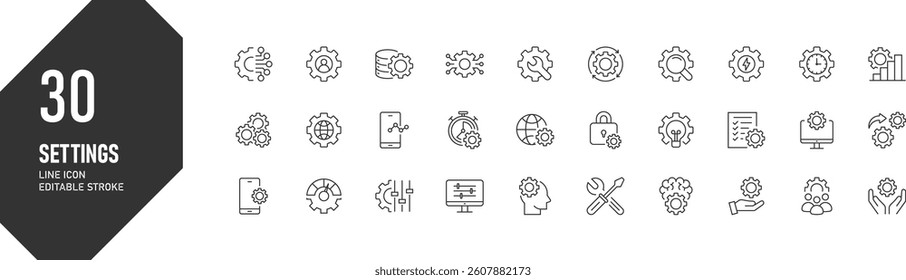 A collection of 30 line icons representing various settings and configuration options. Pperfect for use in web design, app development, and other projects that require a clean and modern look.