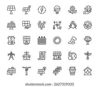 A collection of 30 line-style icons representing solar energy, sustainable technology, eco-friendly power solutions, and environmental conservation. 48x48 pixel perfect editable stroke line for design