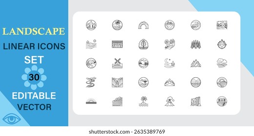 Collection of 30 minimalist linear landscape icons. Includes mountains, fields, water, trees, and more. Editable vector graphics for design projects.