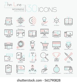 Collection of 30 modern icons in thin line style - global market research, creative thinking, business development, project management, investment. Vector illustration for website, presentation, ad.