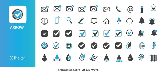 Collection of 30 modern line icons, including check marks, communication symbols, water drops, and more.  Perfect for app design, websites, or presentations.  Clean and versatile design.