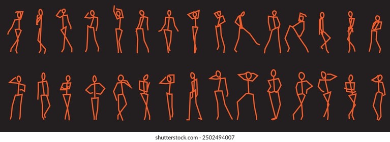 A collection of 30 orange matchstick models posing against a black background, presented in an editable format. This minimalist design highlights vibrant silhouettes, ideal for creative projects, edit