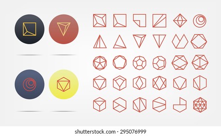 Collection of 30 red geometric shapes. Hexagons, Triangles, Squares,Circles, Crystals Line design elements.Trendy hipster icon,logo, logotypes. Vector illustration. Isolated 