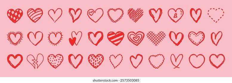 A collection of 30 red heart illustrations on a pink background. Various heart designs, each unique, showcasing love and creativity in heart shapes. Valentine's element vector set.