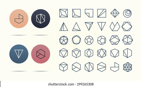 Colección de 30 formas geométricas retro. Hexagons, Triángulos, Cuadrados, Círculos, Elementos de diseño de línea cristales.Icono de hipster de moda, logotipo, logotipos. Ilustración vectorial. Aislado 