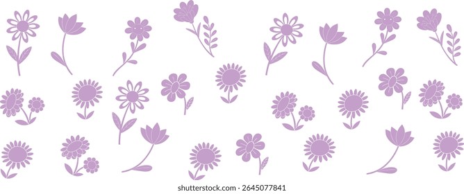 Collection of 30 simple purple floral silhouettes with various flower shapes and stems. Ideal for spring designs, feminine patterns, greeting cards, decorative prints, or craft projects.