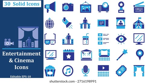 Una colección de 30 iconos sólidos con temas de entretenimiento, cine y eventos en vivo. El conjunto incluye símbolos para la producción de películas, escenarios de teatro, conciertos de música, magia y venta de entradas. Diseñados en un moderno estilo azul bicolor, estos íconos son perfectos para App de planificación de eventos, Sitios web de cine y marca de producción de medios.