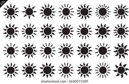 collection of 30 stylized black sun symbols in five-row grid featuring diverse sun ray designs