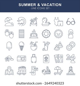 A collection of 30 summer and vacation-themed line icons in minimalist style.