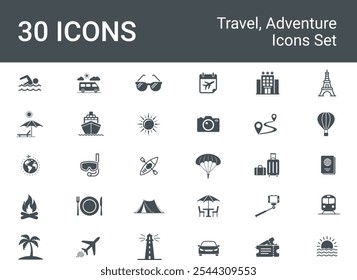 Una colección de 30 iconos de viajes, aventuras, exploraciones, que representan varios aspectos de los viajes, incluyendo el transporte,
actividades y alojamiento. Ilustración vectorial