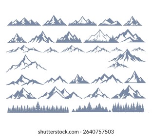 Collection of 30 unique mountain range silhouettes, including variations with trees, perfect for logos, prints, and designs.
