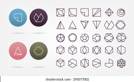 Collection of 30 violet geometric shapes. Hexagons, Triangles, Squares,Circles, Crystals Line design elements.Trendy hipster icon,logo, logotypes. Vector illustration. Isolated 