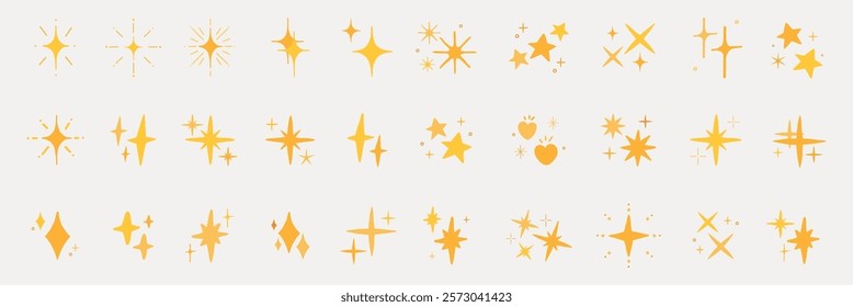 Collection of 30 yellow star and sparkle icons in various shapes and sizes. Stars and sparkles in a simple, minimalist style. Perfect for design projects. Element vector set.