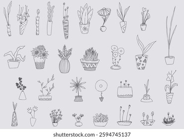 A collection of 31 fun and cute hand-drawn doodle plants in pots. This playful vector set is perfect for stationery, planners, prints, and digital designs. Ideal for creative projects and decor.