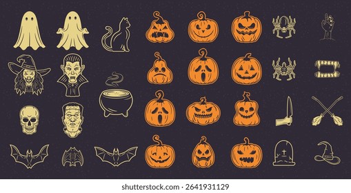 Collection of 31 vintage Halloween elements including spooky symbols and characters perfect for use in logos, posters, banners, invitations, and background designs.
