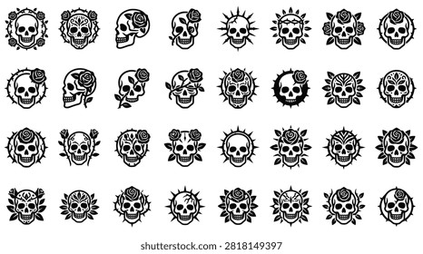 Collection of 32 black and white skull and rose vector icons featuring thorn wreaths, floral accents, and sunburst motifs, designed for Halloween, Day of the Dead, and tattoo flash art.