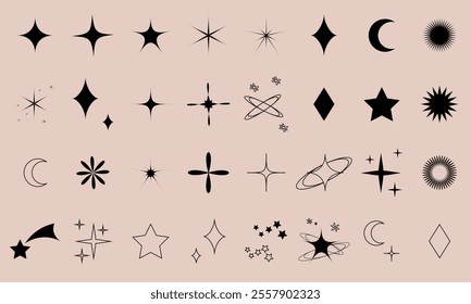 A collection of 32 icons featuring various star shapes with outlined borders, designed in a minimalistic vector style with black stars. Illustration in EPS10 format.