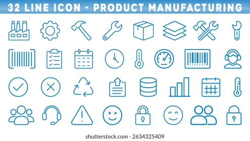 Coleção de 32 ícones de linha ilustra os elementos essenciais de fabricação de produtos, ferramentas de exibição, máquinas, embalagem e controle de qualidade em detalhes vibrantes, perfeito para uso de design.