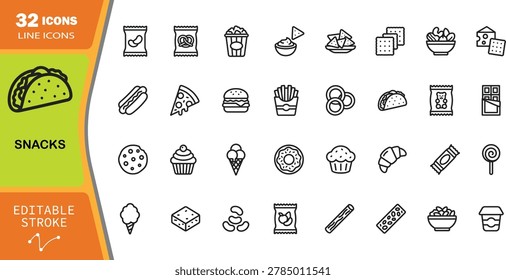 Collection of 32 outline representing various snacks and fast food chips