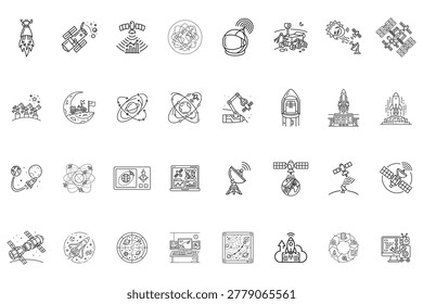 A collection of 32 thin line icons representing space exploration, satellite technology, astronomy, rockets, and space research, isolated on white background.