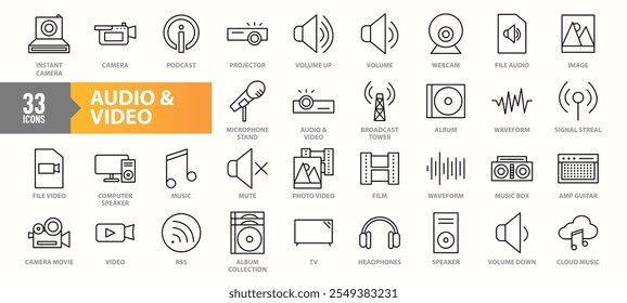 A collection of 33 audio and video icons showcasing tools and media concepts like cameras, microphones, speakers, waveforms, music, albums, and video files in line-art style