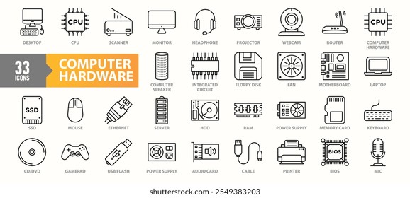 A collection of 33 computer hardware icons featuring components like CPU, motherboard, RAM, SSD, peripherals, and accessories such as monitors, routers, and keyboards in line-art style