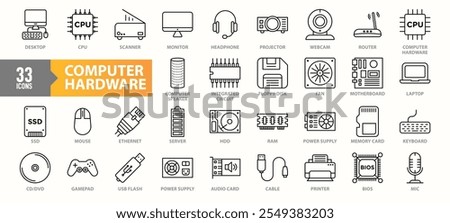 A collection of 33 computer hardware icons featuring components like CPU, motherboard, RAM, SSD, peripherals, and accessories such as monitors, routers, and keyboards in line-art style